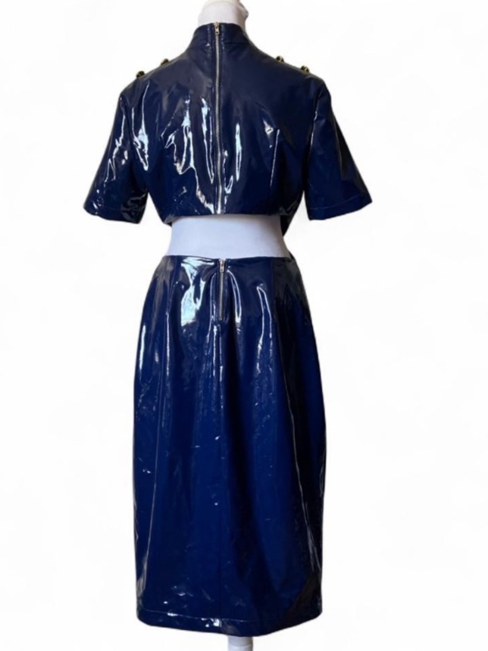 By Egreis Navy Blue Glossy Vinyl Marigold Cutout Midi Dress size Small - Picture 4 of 11